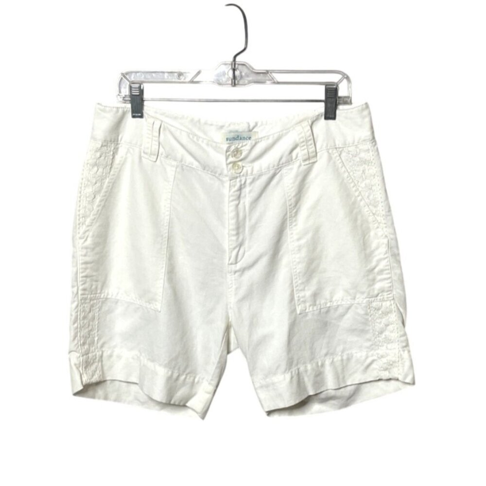 Sundance White Linen-Blend Shorts Women's Size 10 With Lace Accents & Pockets